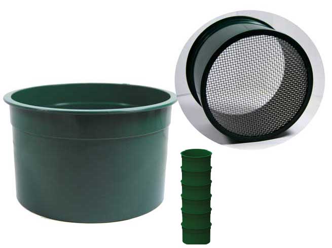 • 10 Holes per Sq. Inch • Diameter: 6” • 304 Stainless Steel Wire Mesh • Green Color Plastic • Stackable Design • Bulk
