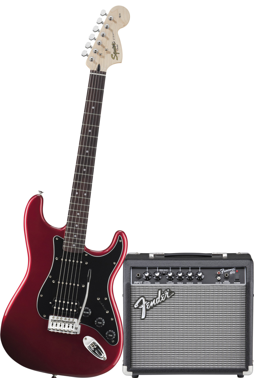 Squier affinity series stratocaster hss electric guitar pack with fender frontman 15g amp candy apple red hotsell